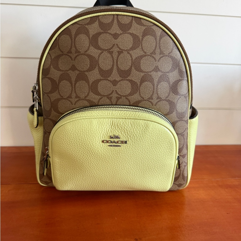 Coach Signature Brown and Pale Lime Green Backpack